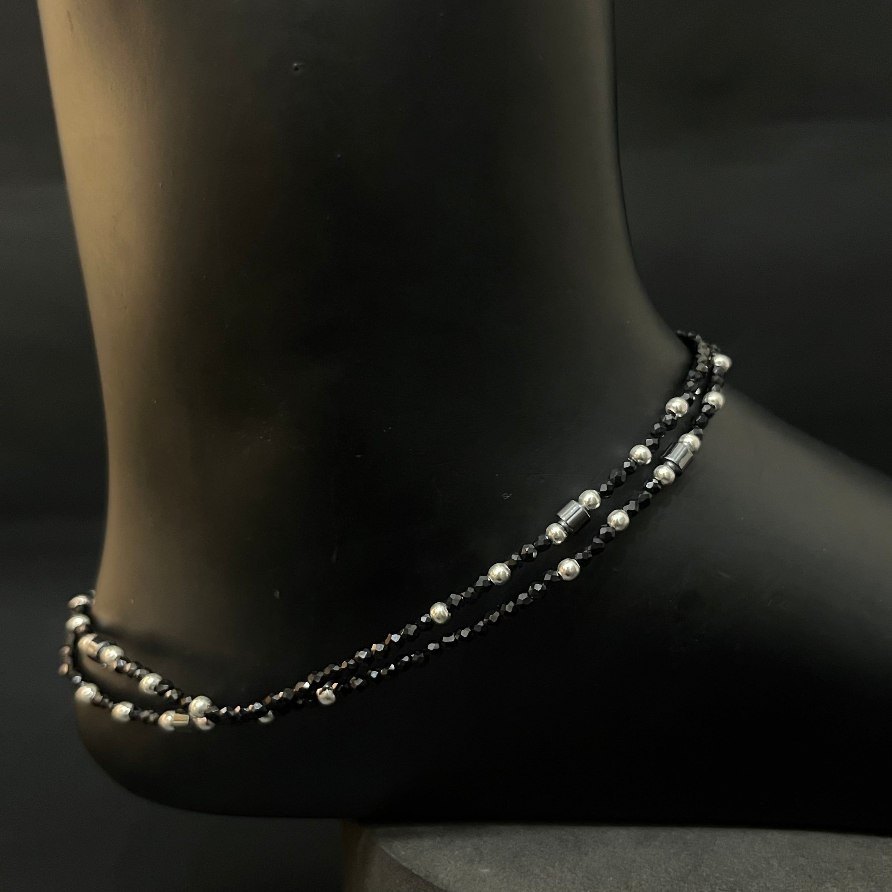 Silver Ladies Black Beads Anklet