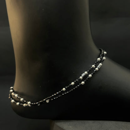 Silver Ladies Black Beads Anklet