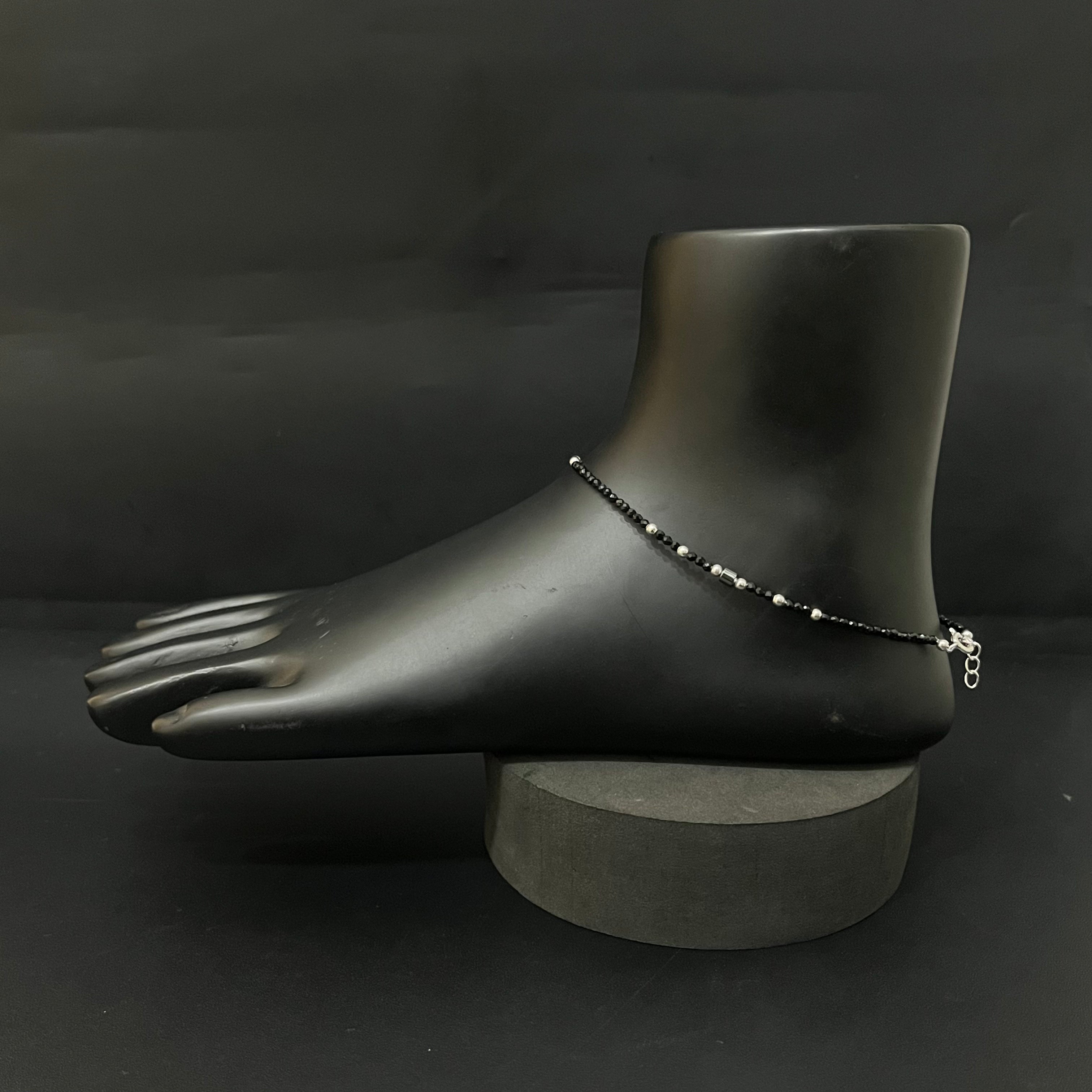 Silver Ladies Black Beads Anklet