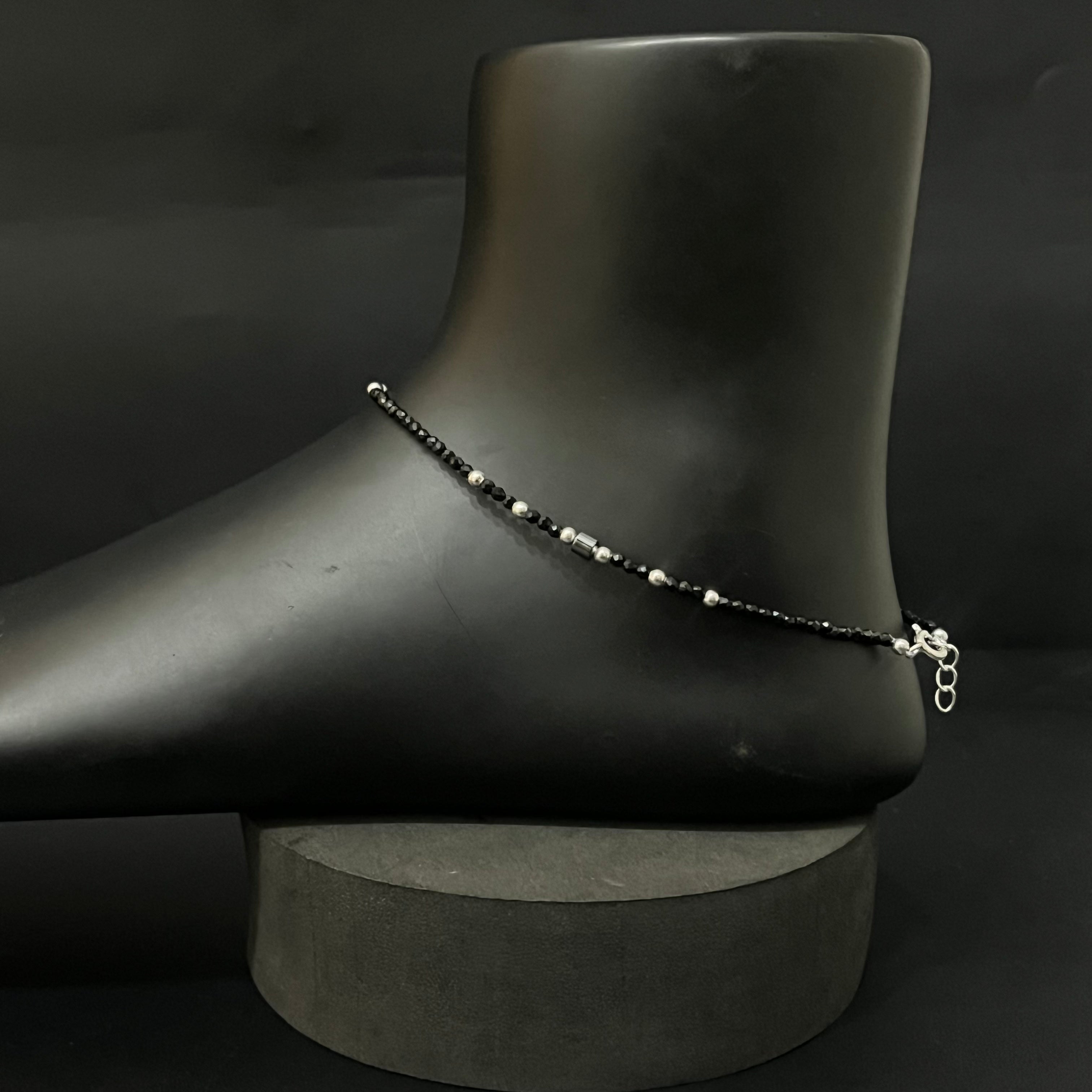 Silver Ladies Black Beads Anklet