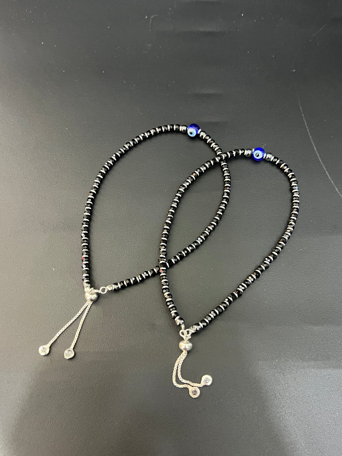 Ladies Anklet_Silver Black Bites With Evileye (Adjustable Push up Ring)