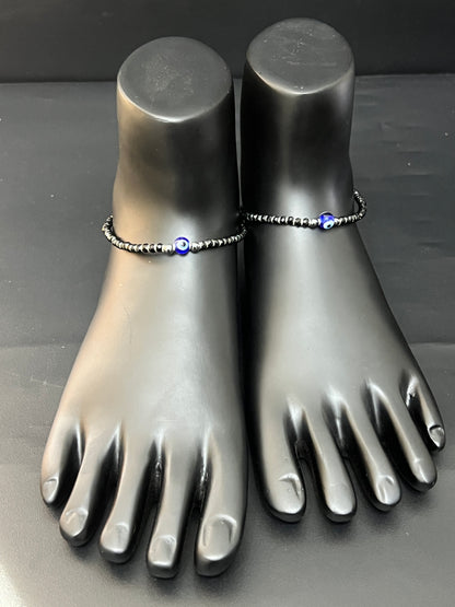 Ladies Anklet_Silver Black Bites With Evileye (Adjustable Push up Ring)