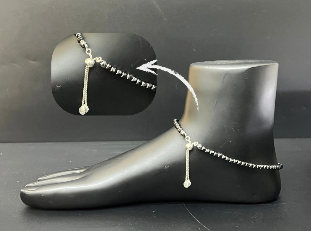 Ladies Anklet_Silver Black Bites With Evileye (Adjustable Push up Ring)