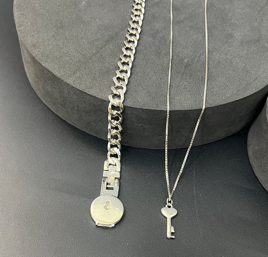 Silver Lock Bracelet & Key Type Chain