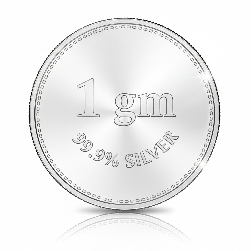 Generate a pure silver coin which has 1 gm written on it and also 99.9% silver on it. product shoot 