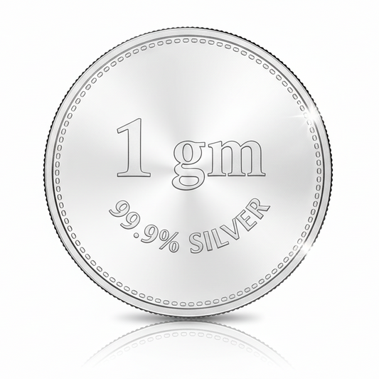 Generate a pure silver coin which has 1 gm written on it and also 99.9% silver on it. product shoot 
