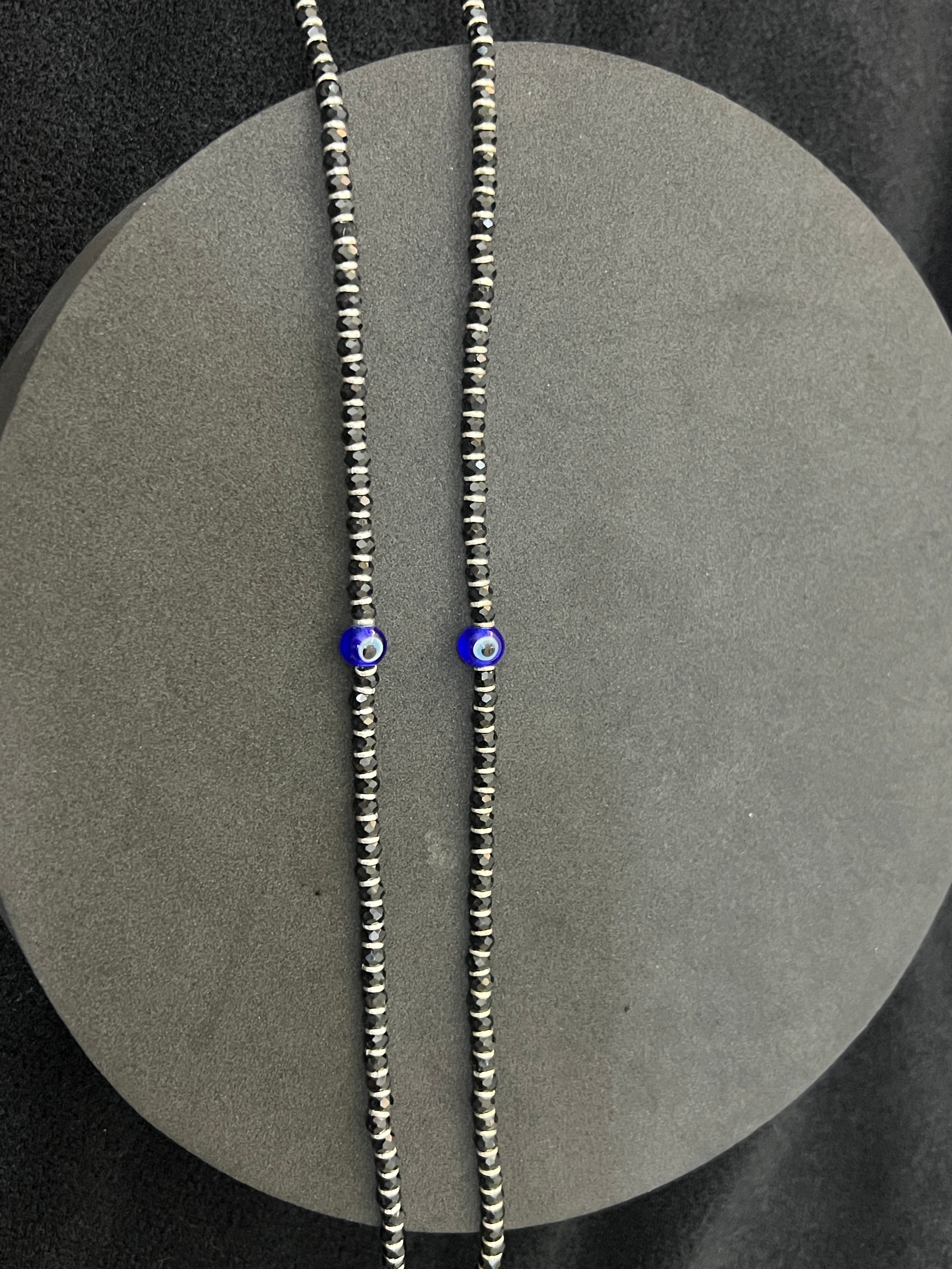 Silver Evil Eye Black Beads Anklet