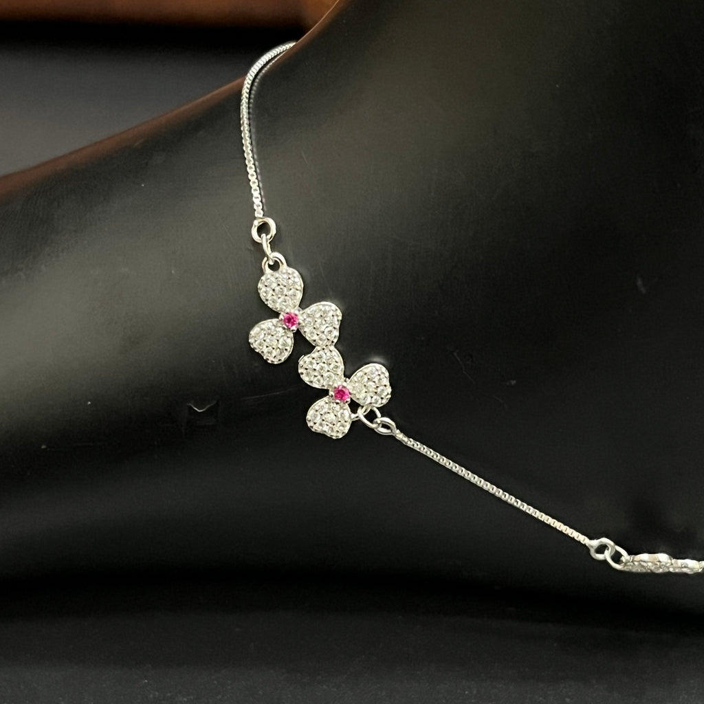 Silver Ladies Anklet Big Petal Pink Stone 925