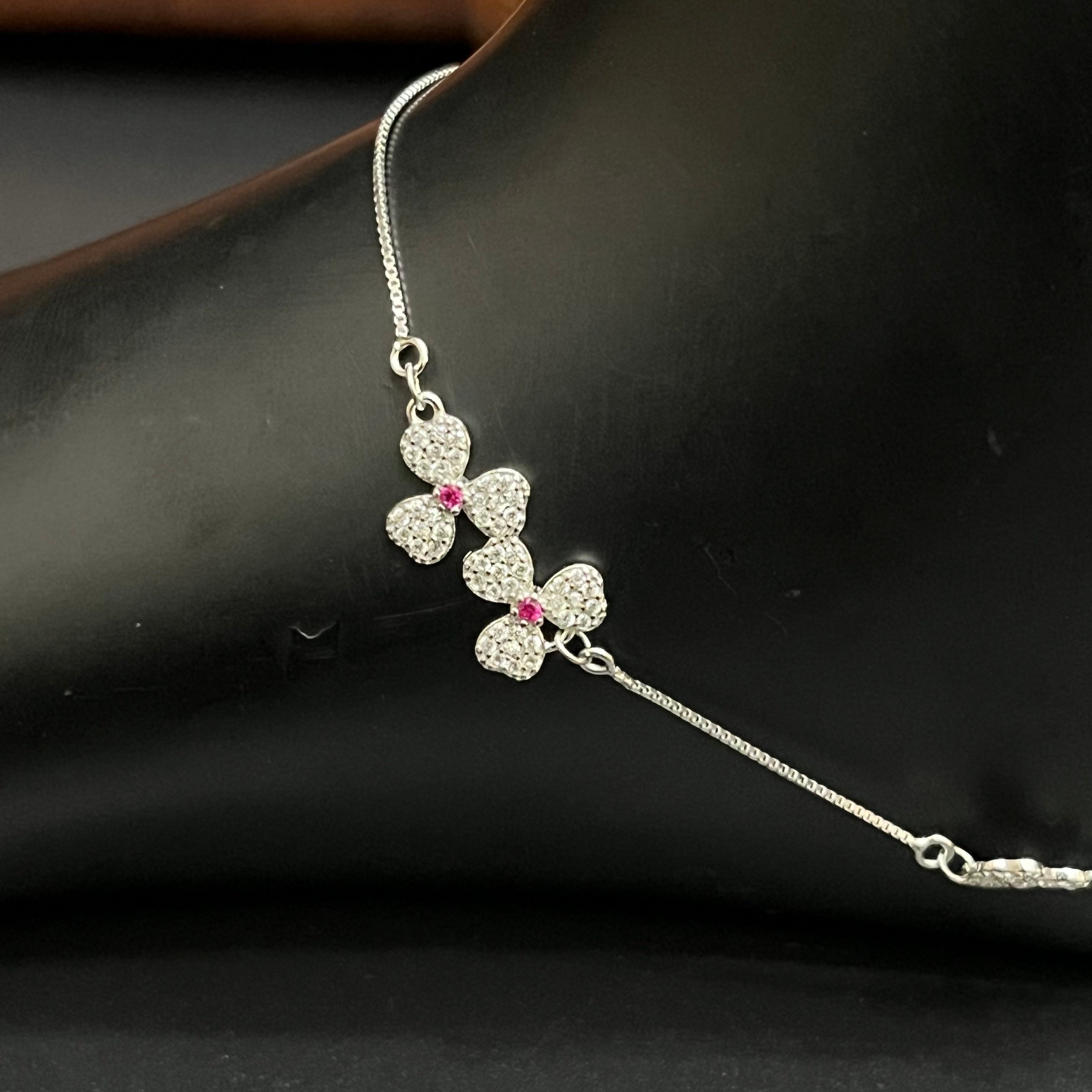 Silver Ladies Anklet Big Petal Pink Stone 925