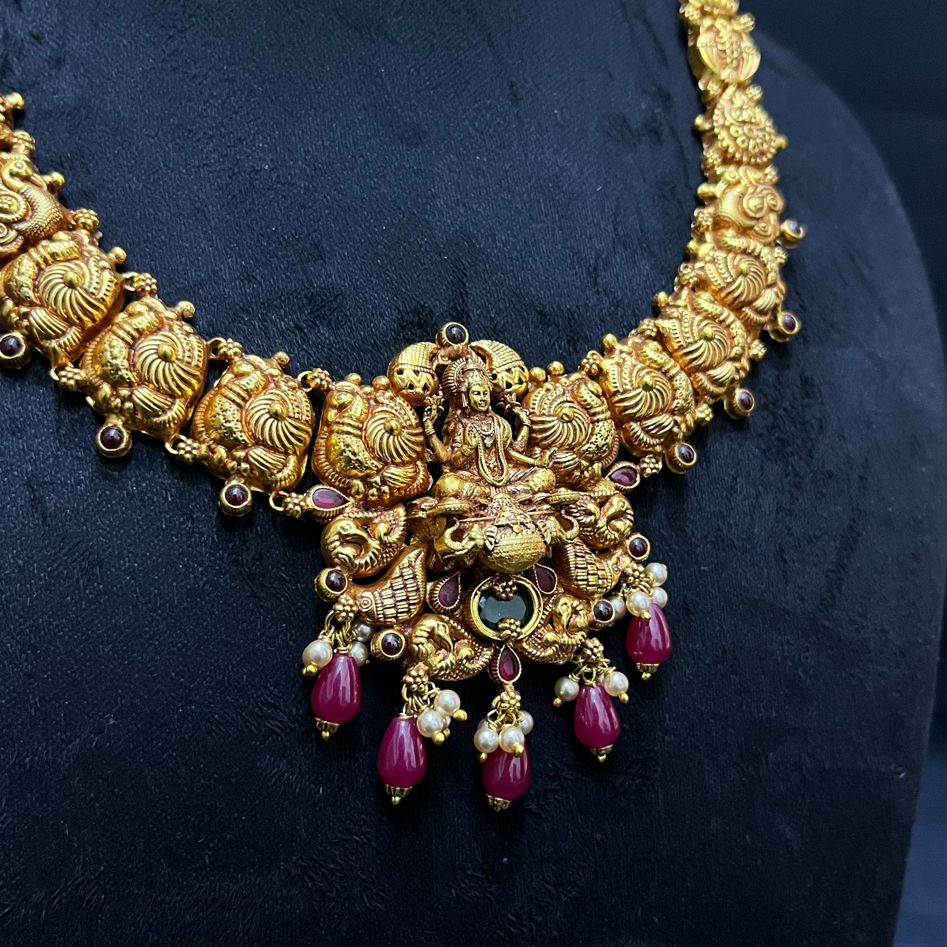 Silver Ladies Necklace And Haram Antique Lakshmi Devi Pink Nakshatra Gold Finish 925