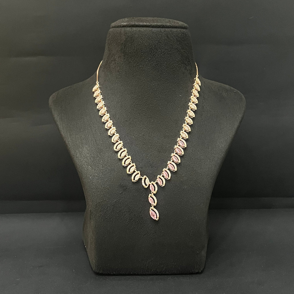 Silver Neckalce Designer Cz Leaf American Diamond Rosegold Finished