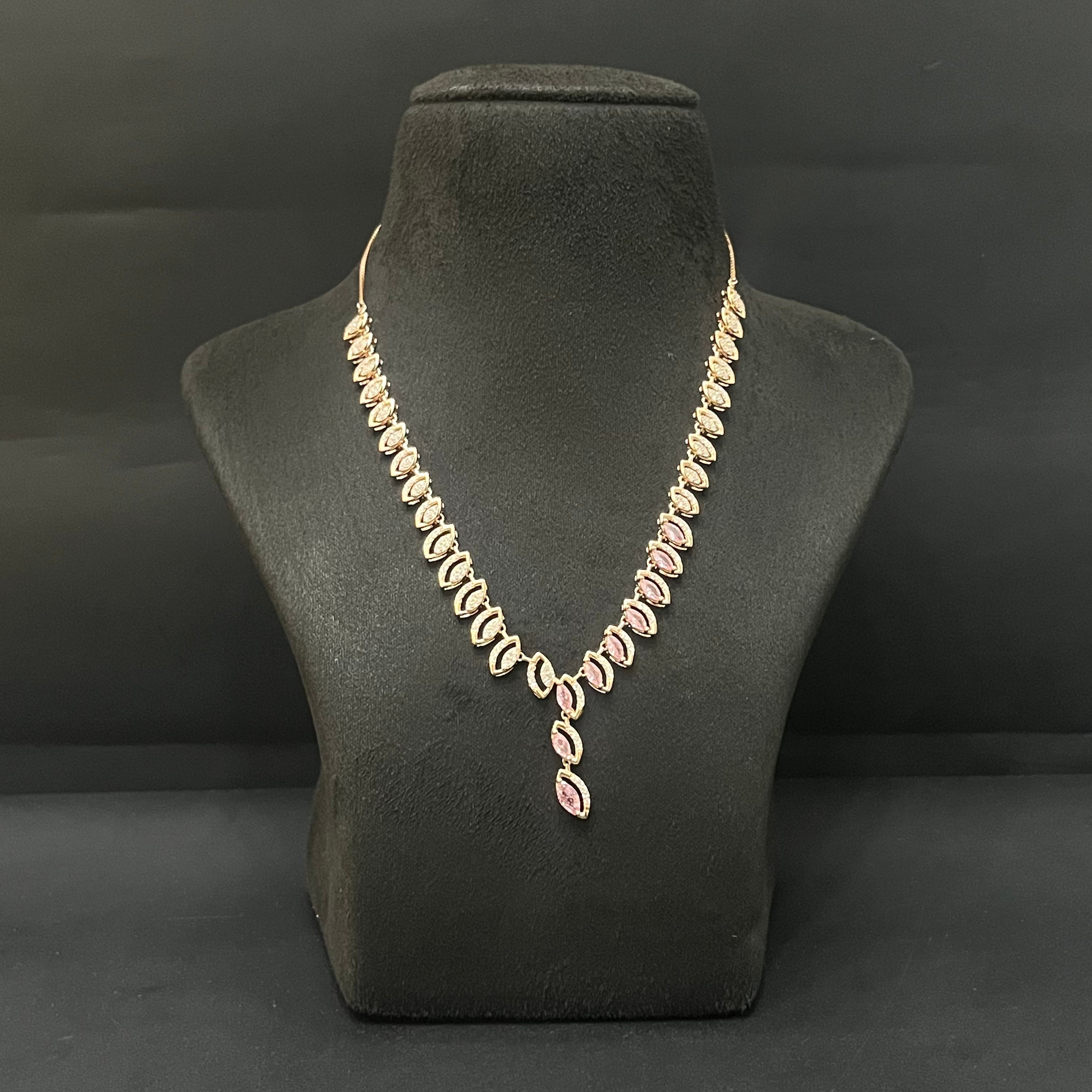 Silver Neckalce Designer Cz Leaf American Diamond Rosegold Finished