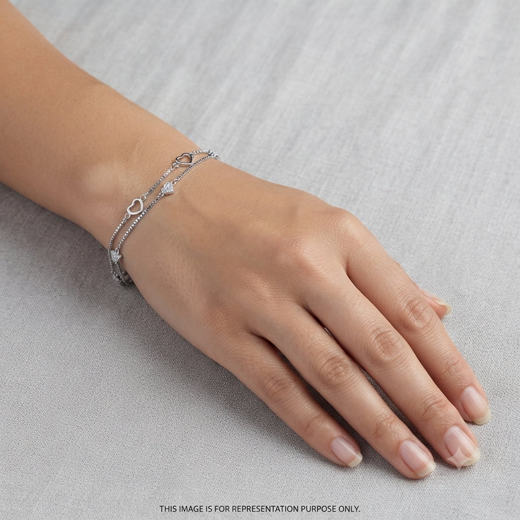 Silver Ladies Bracelet Heart Charm Double Layer 925