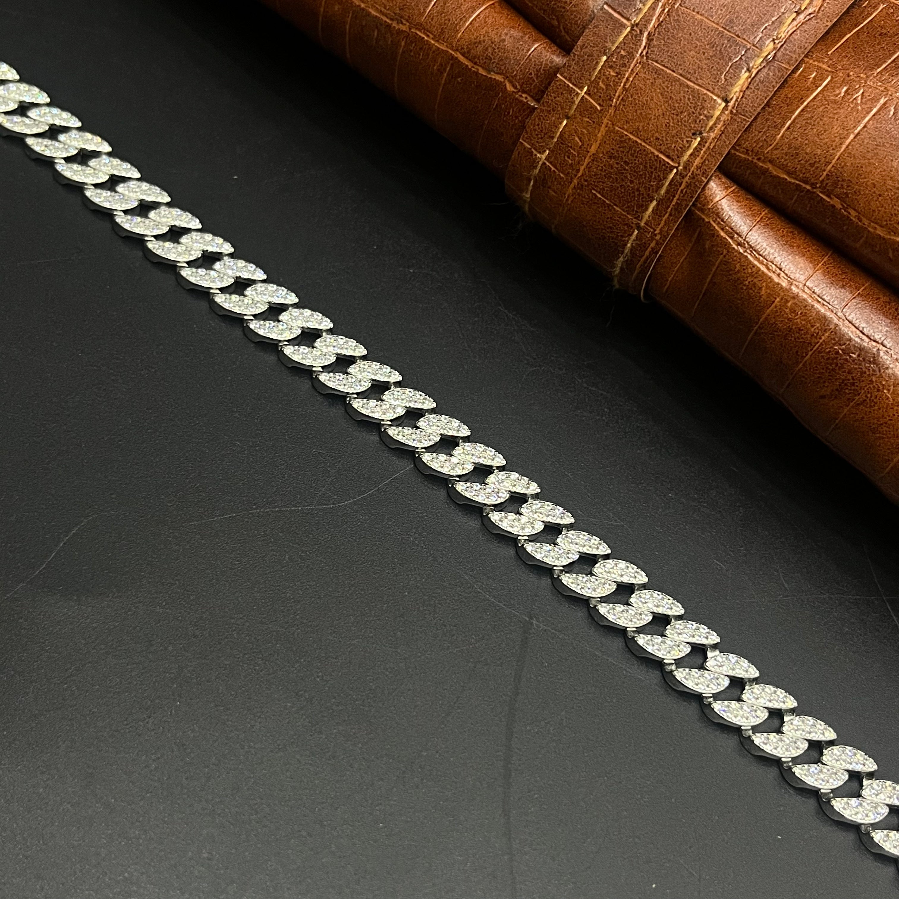 Silver Mens Chain Luxury Cuban Cut Diamond Stones M01 925