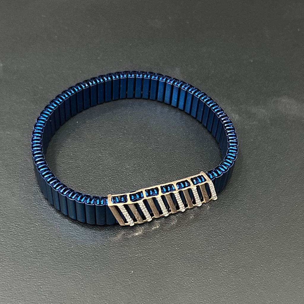 Silver Mens Flexible Bracelet Blue Band Lines 925