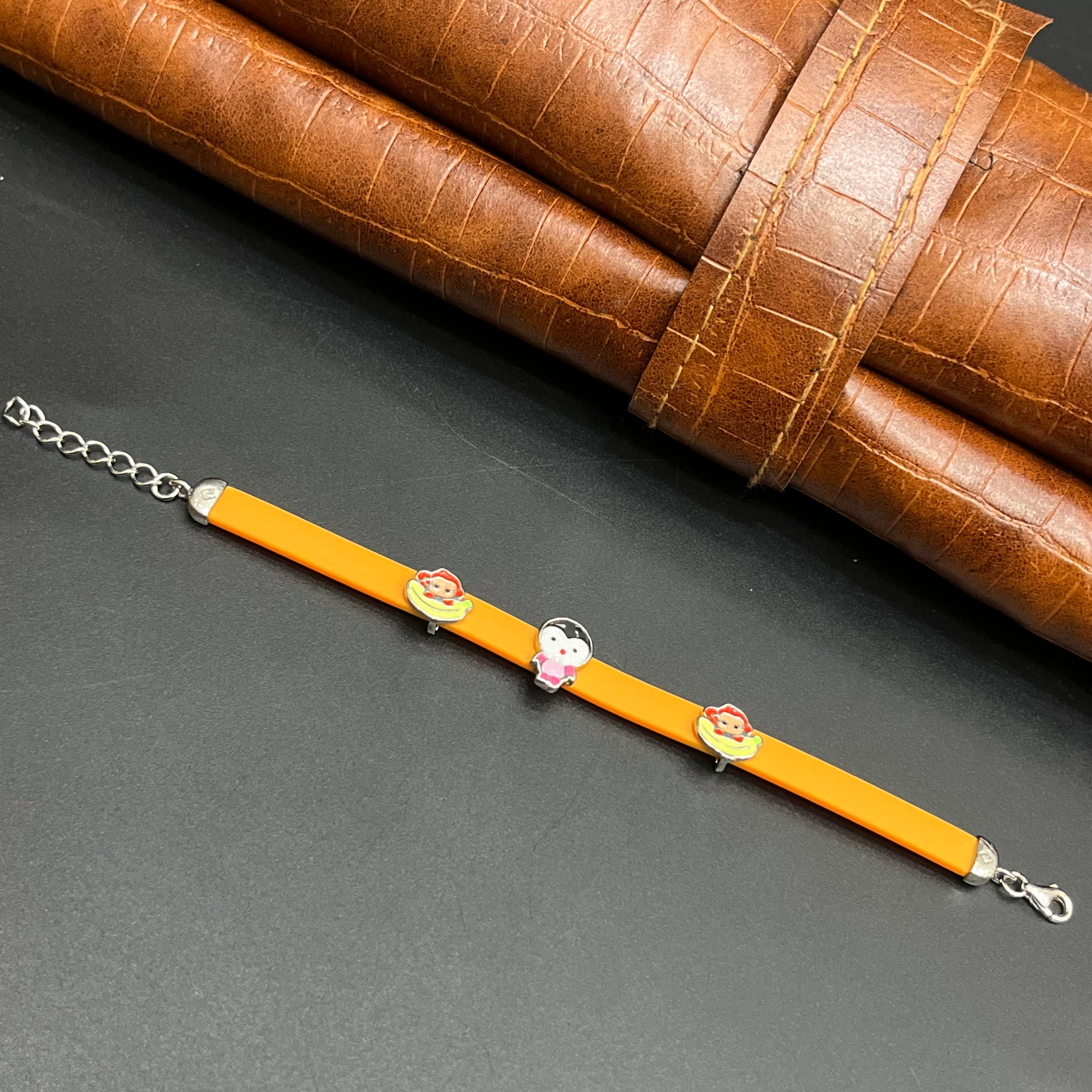 Silver Kids Bracelet Cute Characters Charms Orange Band 925