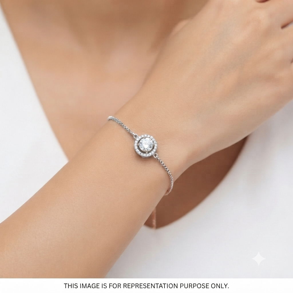 Silver Ladies Bracelet Solitare Disc White Stone 1 925