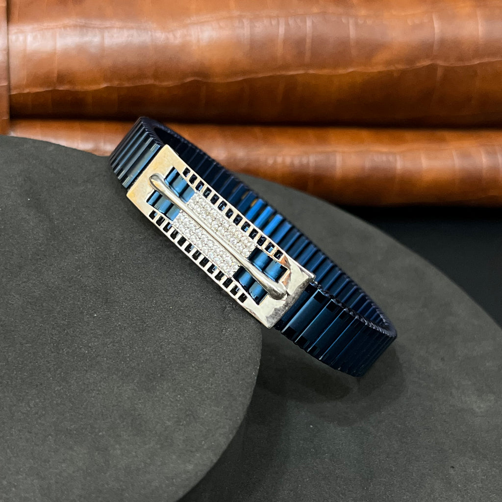 Silver Mens Flexible Bracelet Blue Band ziron 925