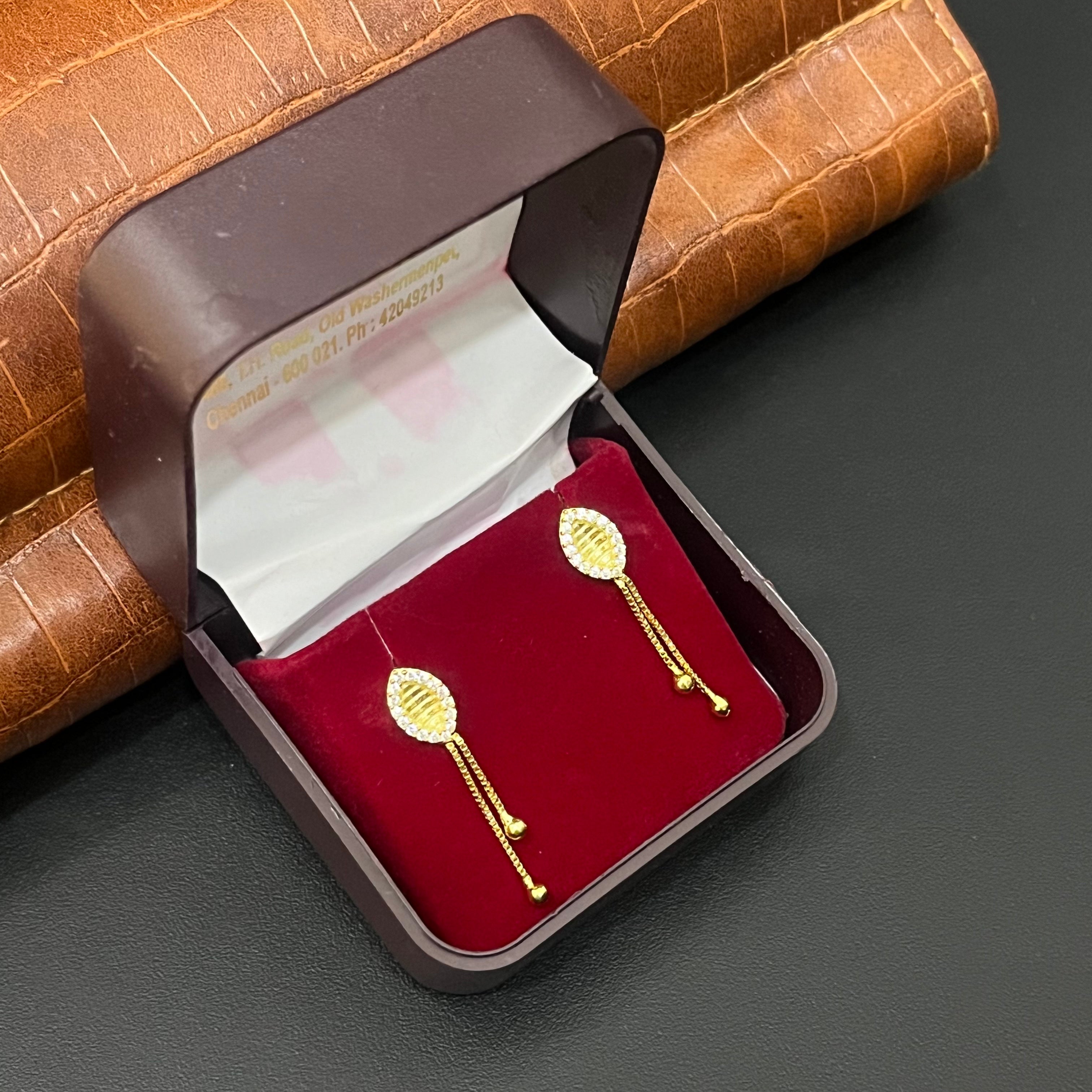 Silver Ladies Stud Oval white Stone Two Chain Drop Gold Finished 925