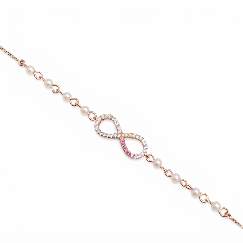 Silver Ladies Bracelet Infinity Half Pink White Beads Rose Gold 925