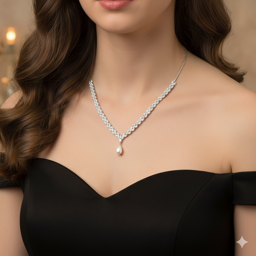 Silver Necklace CZ American Diamond with Pearl Hanging Stones