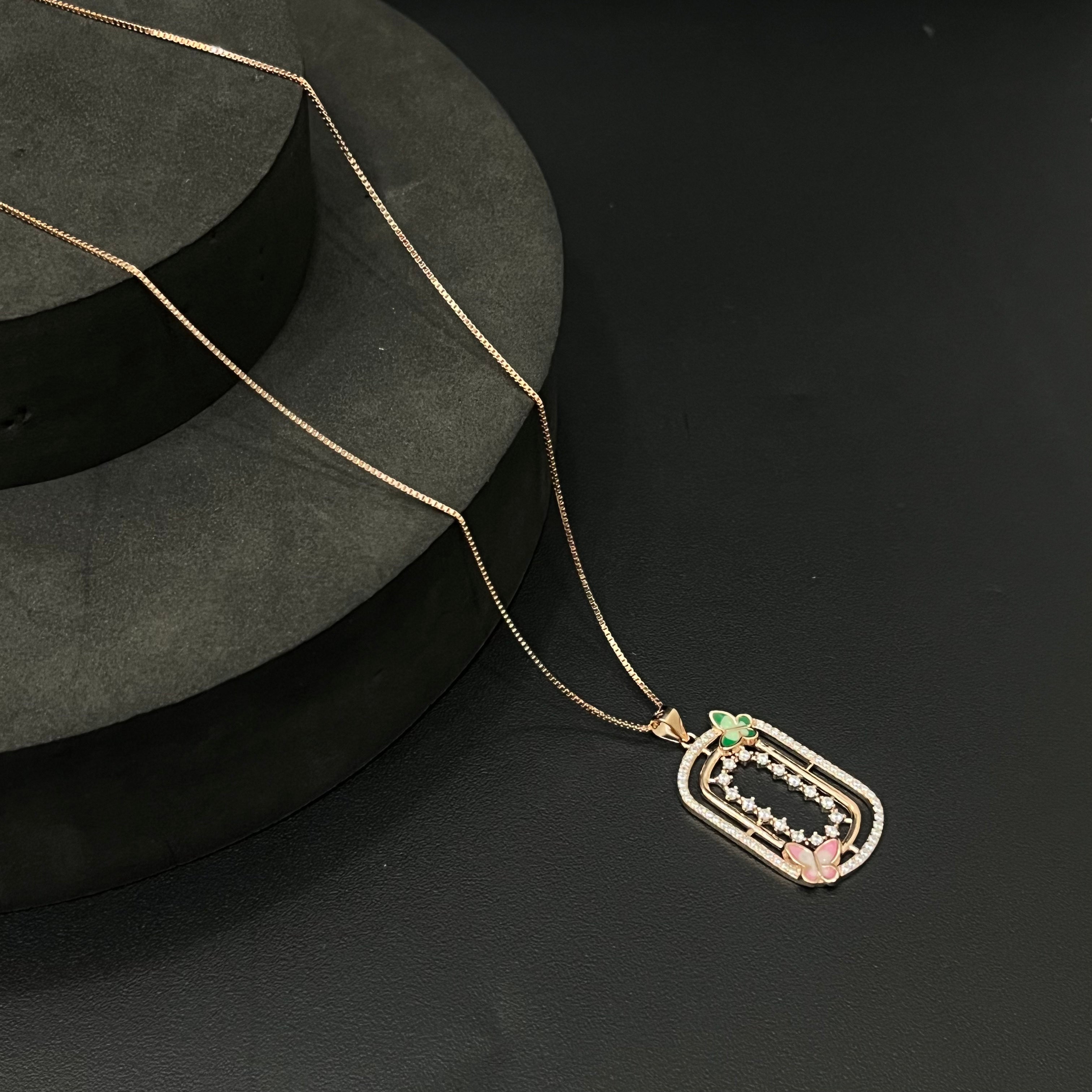 Silver Ladies Pendant Chain Square Butterfly rosegold