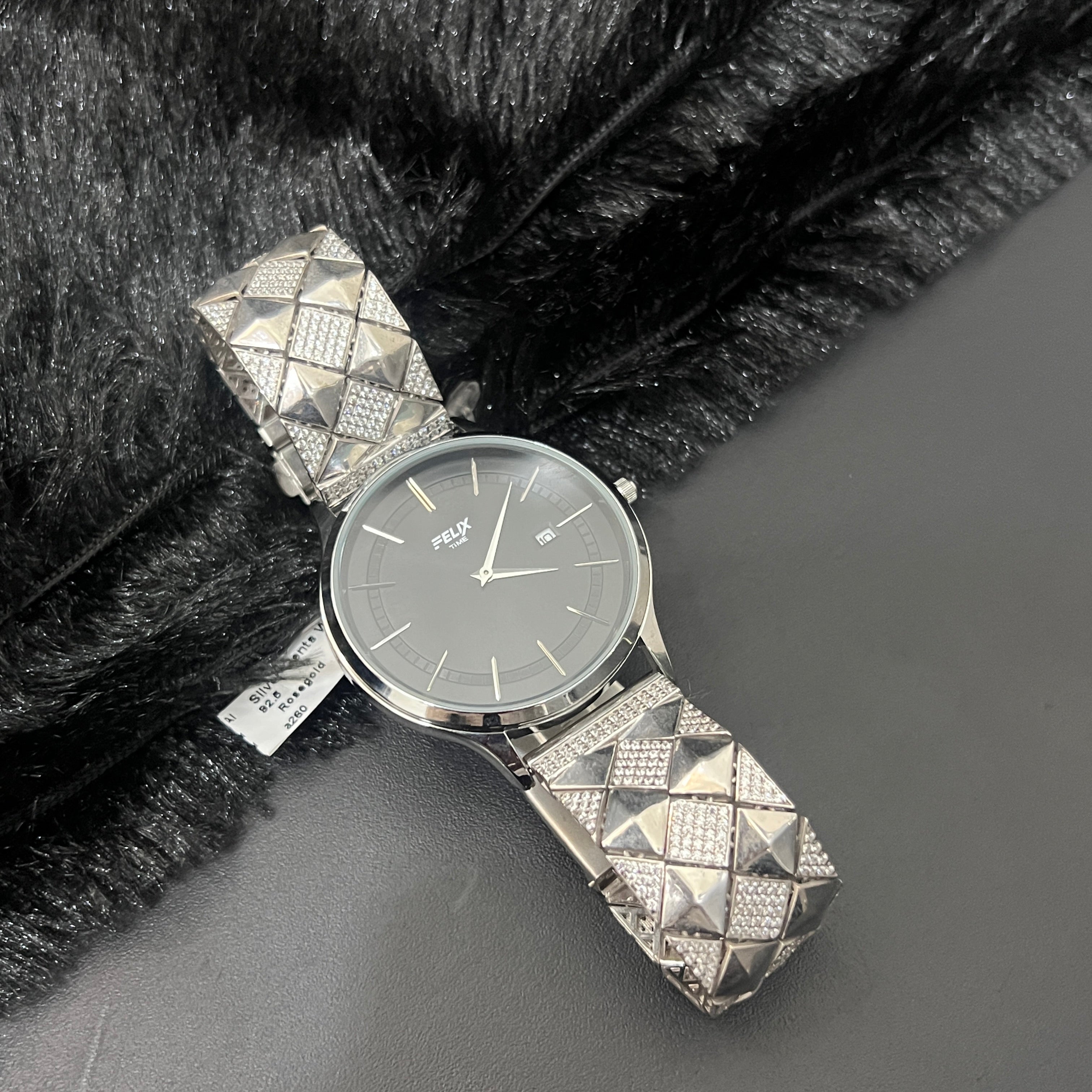 Silver Mens Watch Luxury Diamond Cut White Stones 925