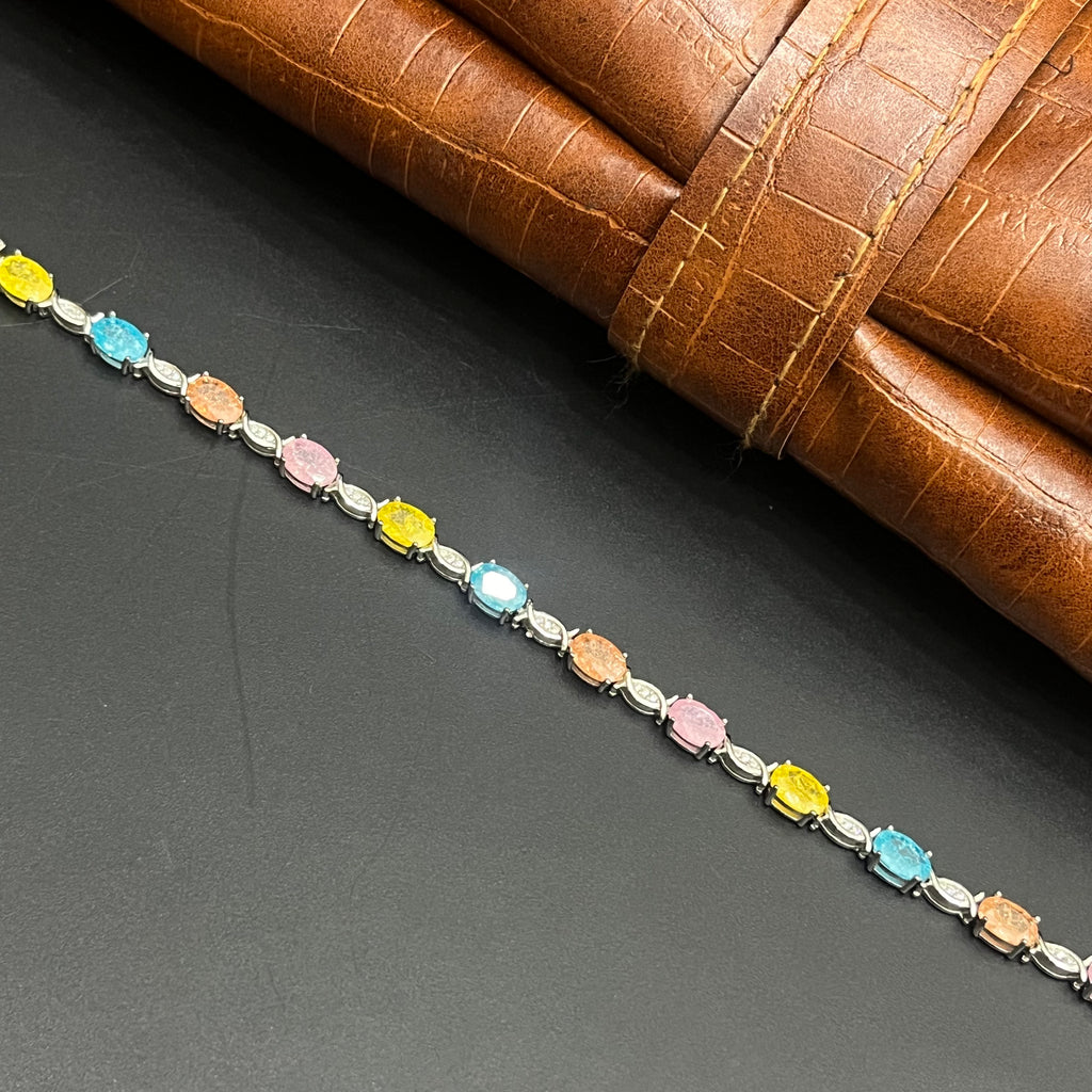 Silver Ladies Bracelet Rainbow Crystal Oval Link M02 925