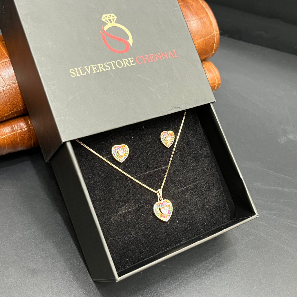 Silver Ladies Pendant Chain Set Mulicolor Heart Shape Rose Gold M02 925