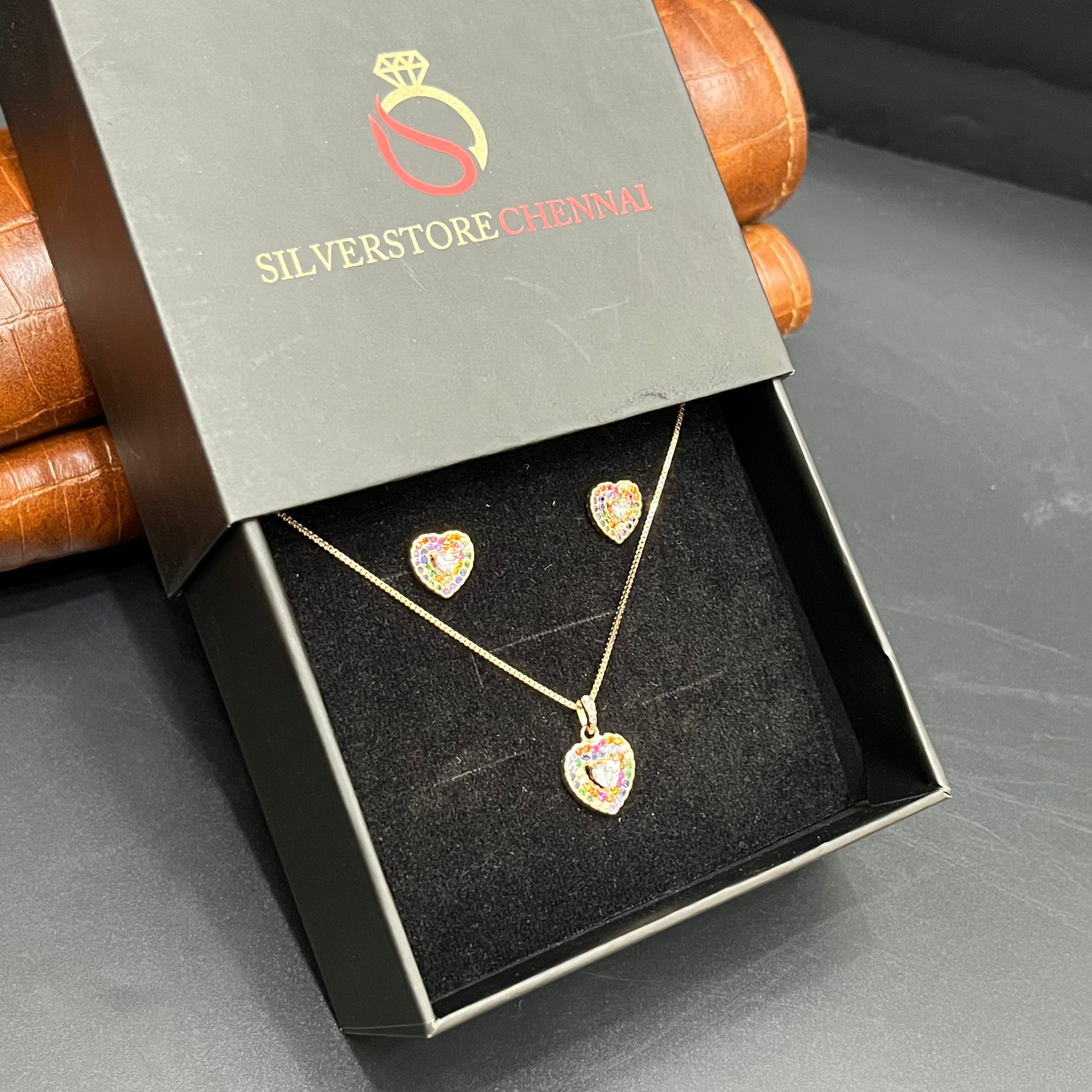 Silver Ladies Pendant Chain Set Mulicolor Heart Shape Rose Gold M02 925