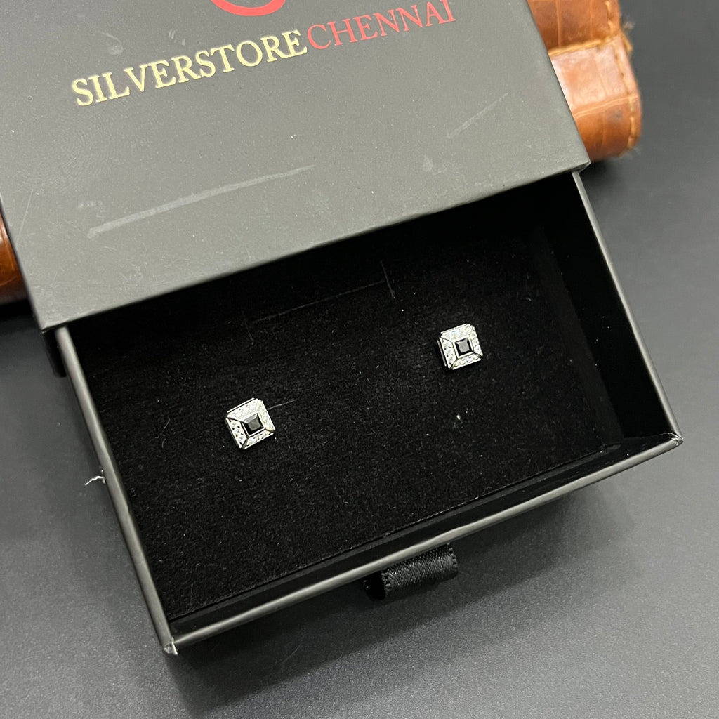Silver Mens Stud Classic Square Sparkle 925