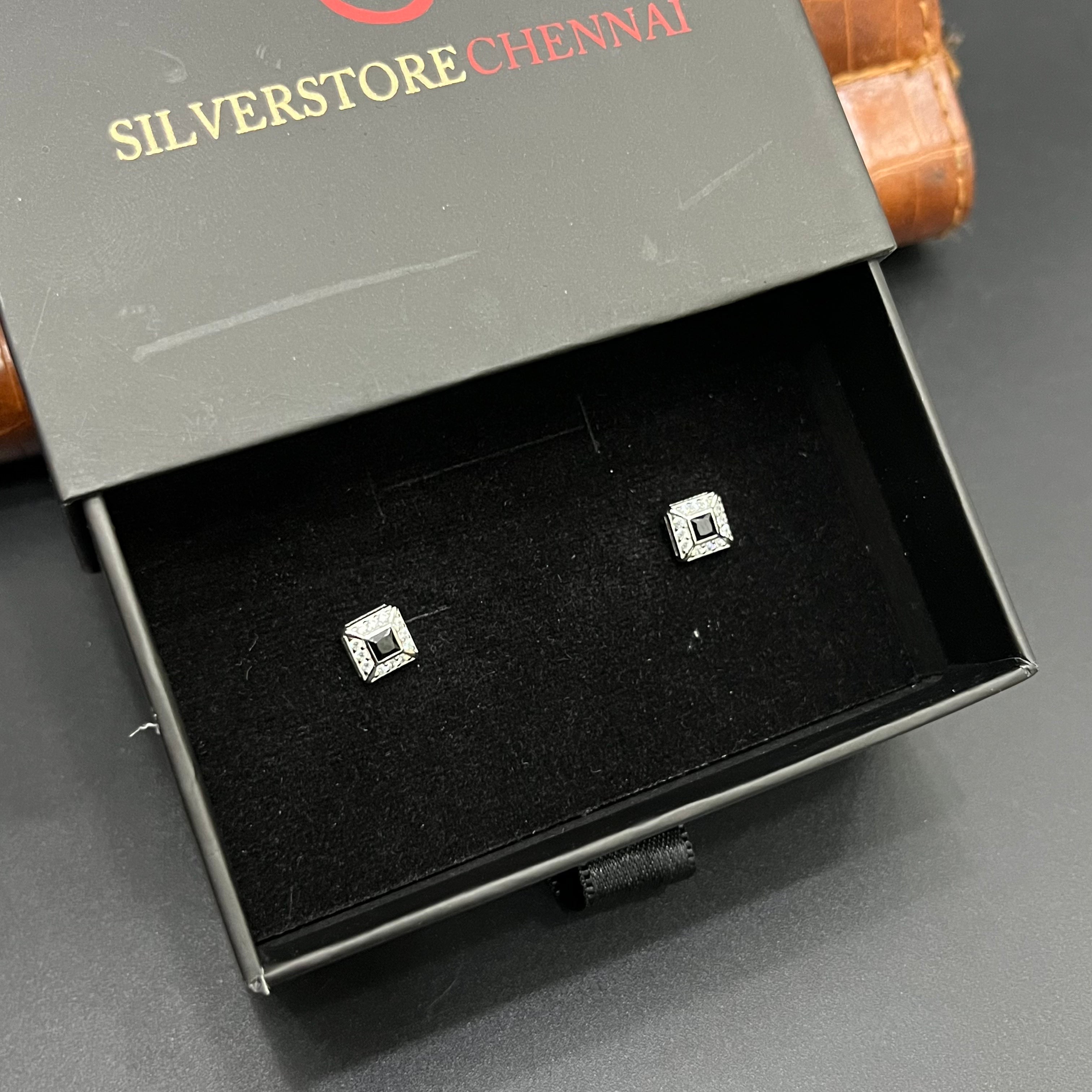 Silver Mens Stud Classic Square Sparkle 925