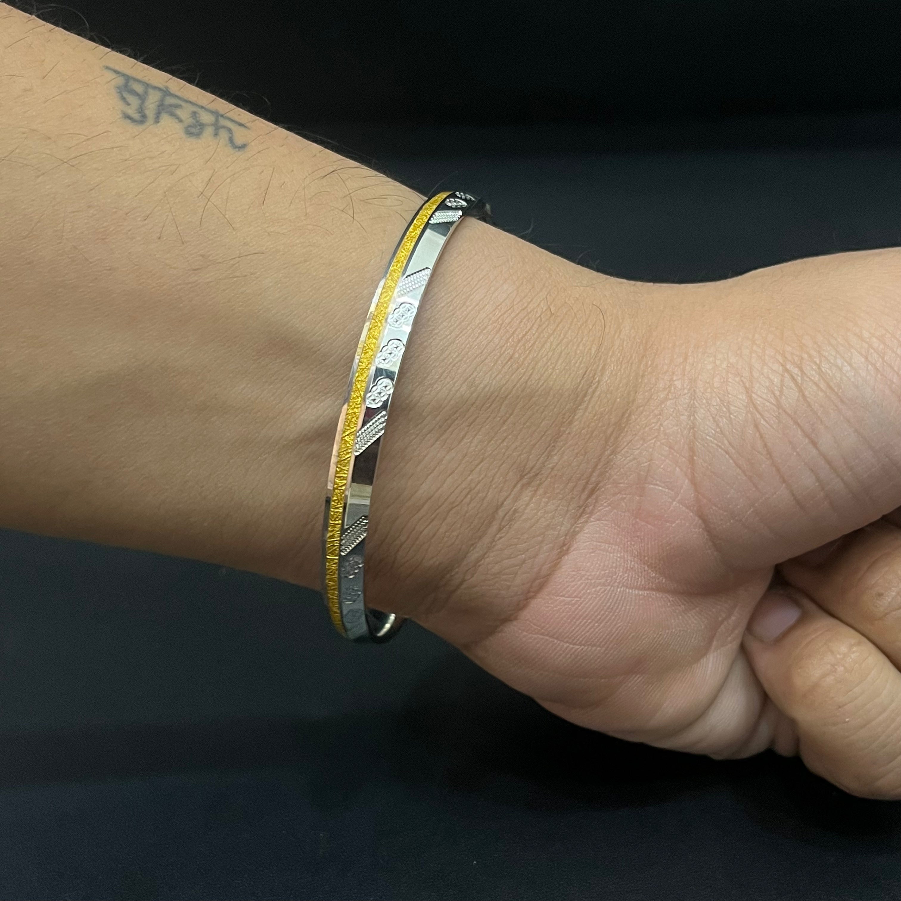 Silver Mens CNC Gold Lining Kada GC2