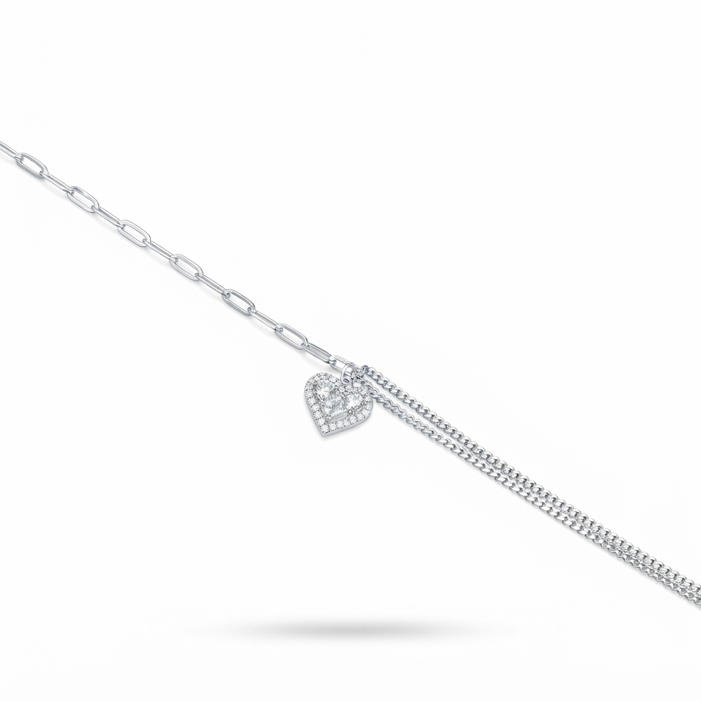 Silver Ladies Bracelet Two Line Heart White Stone 925