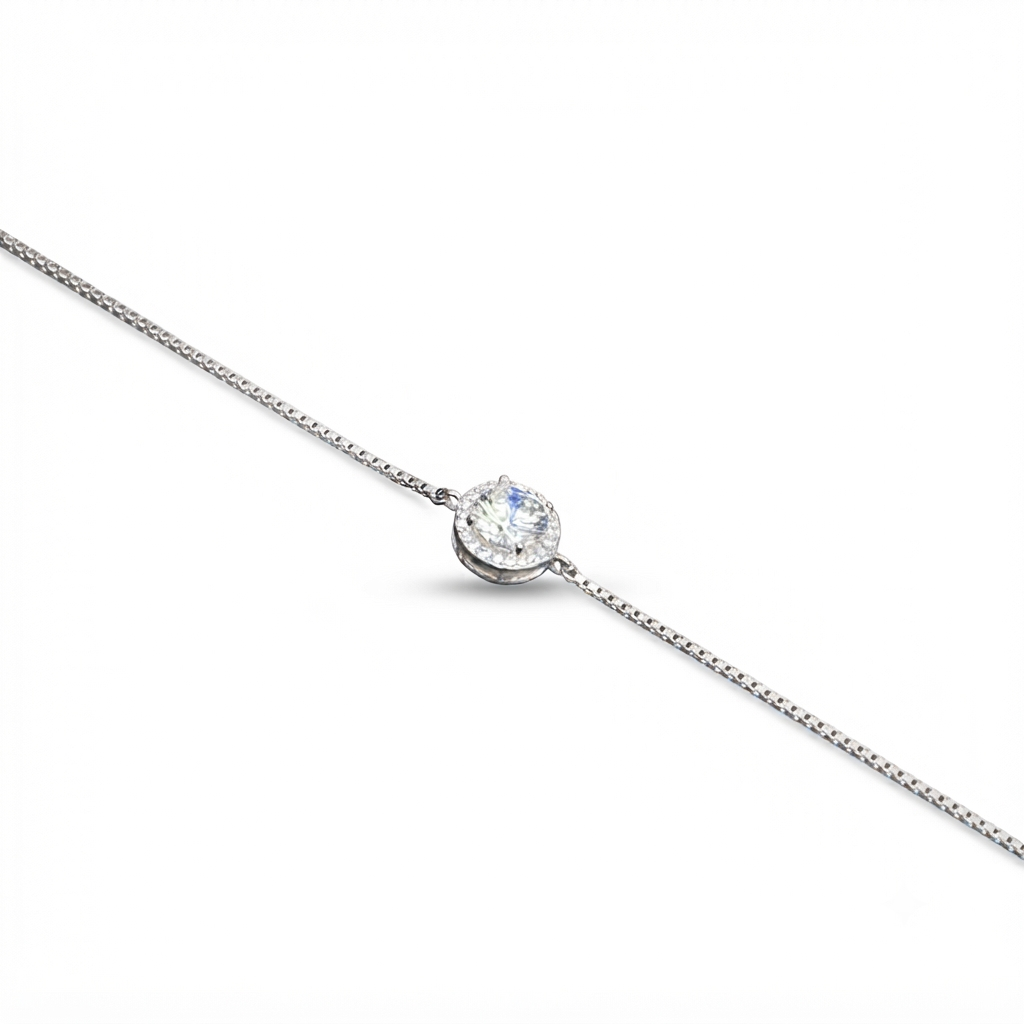 Silver Ladies Bracelet Solitare Disc White Stone 1 925