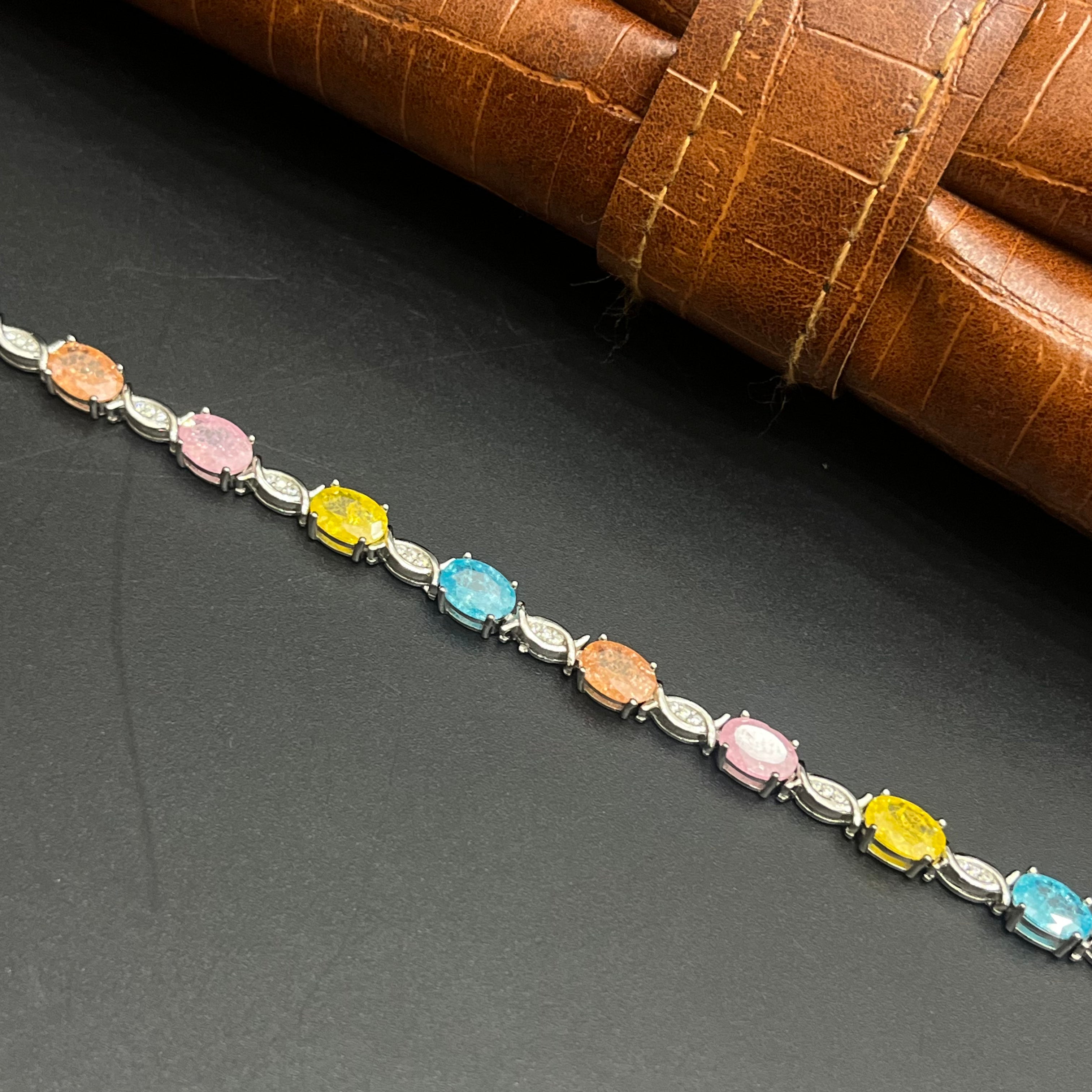 Silver Ladies Bracelet Rainbow Crystal Oval Link M02 925