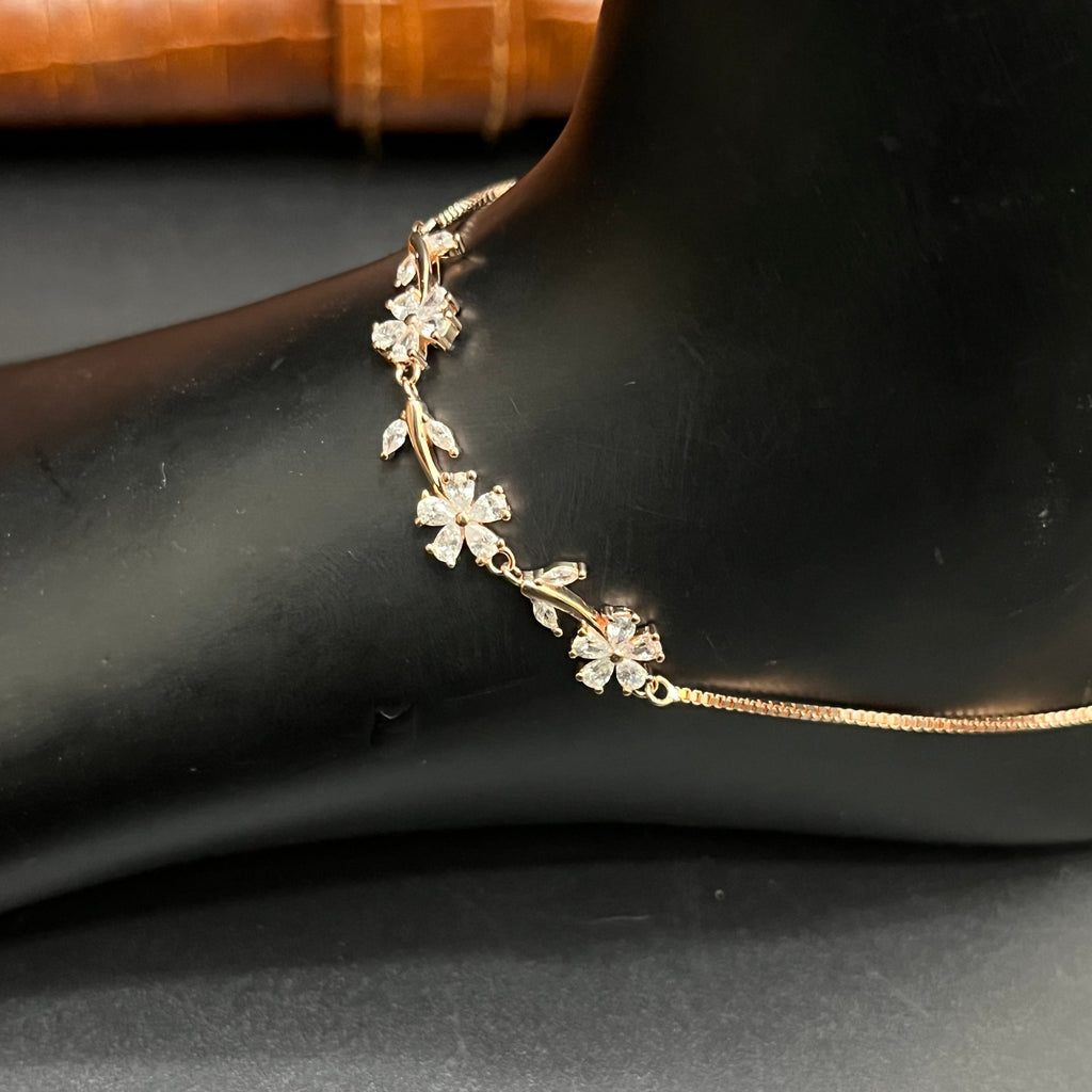 Silver Ladies Anklet Petal Leaf Crystal Rose Gold 925