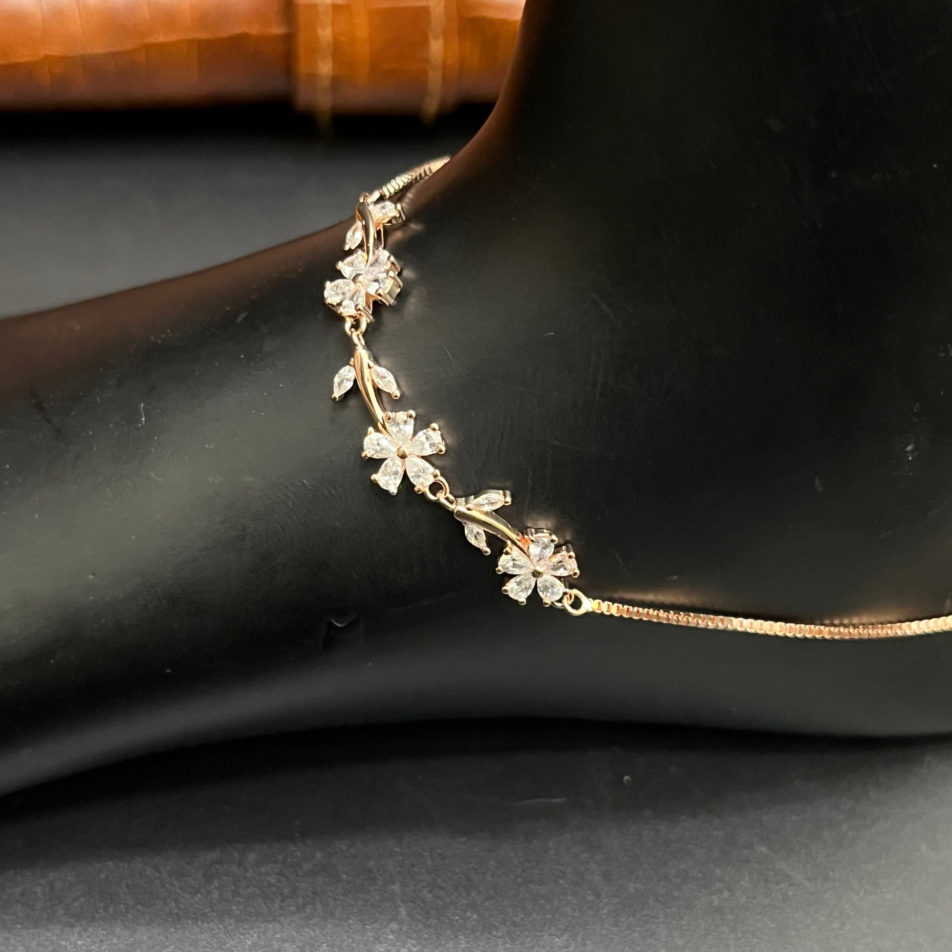 Silver Ladies Anklet Petal Leaf Crystal Rose Gold 925