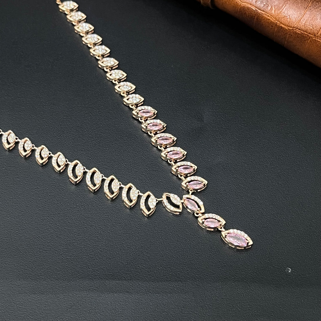 Silver Neckalce Designer Cz Leaf American Diamond Rosegold Finished