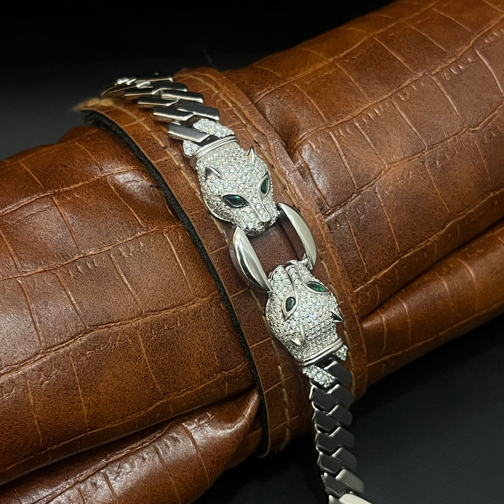 Silver Jaguar Mens Cuban Bracelet 925