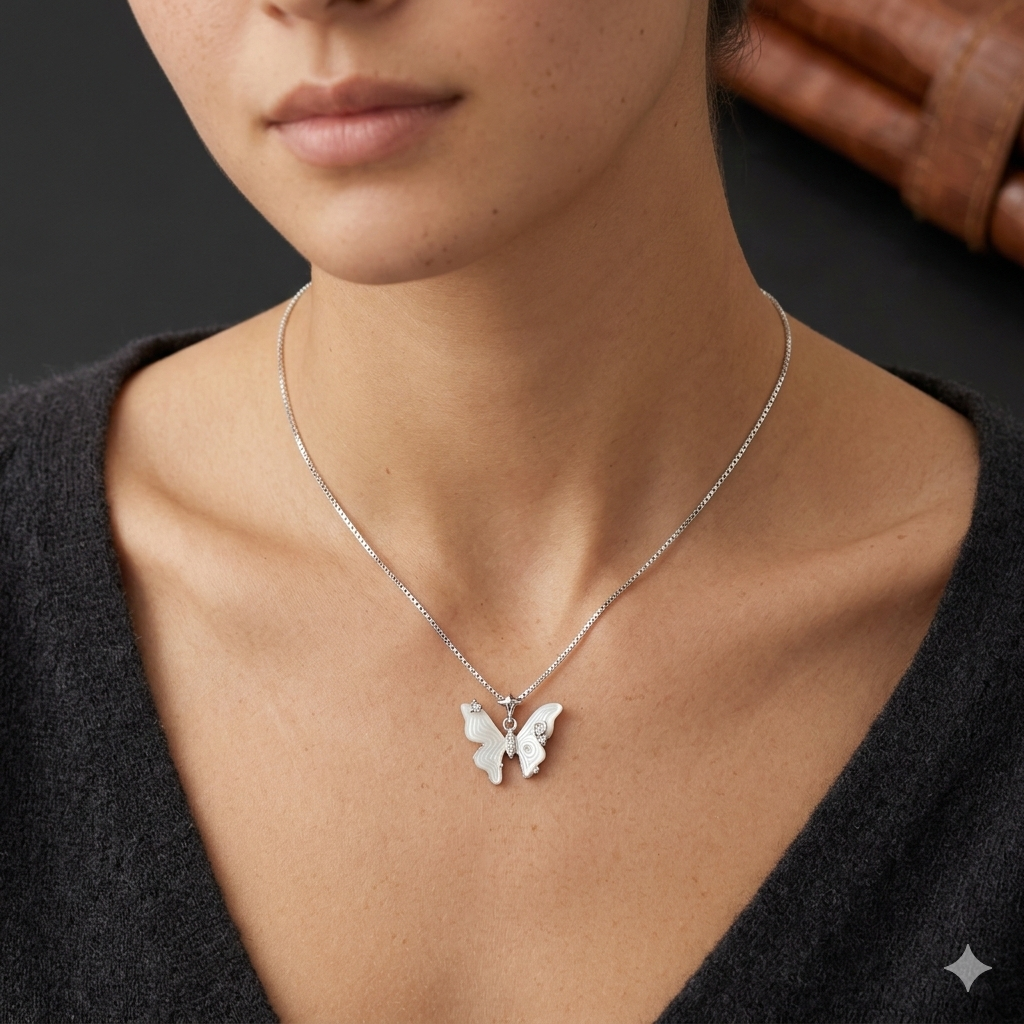 Silver Ladies Chain White Stone  Butterfly