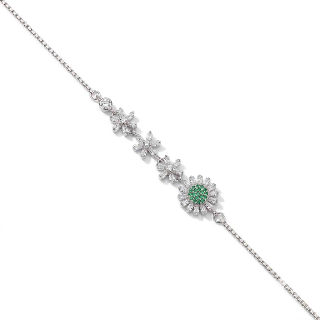 Silver Ladies Bracelet Crystal Bloossom White Stone 925