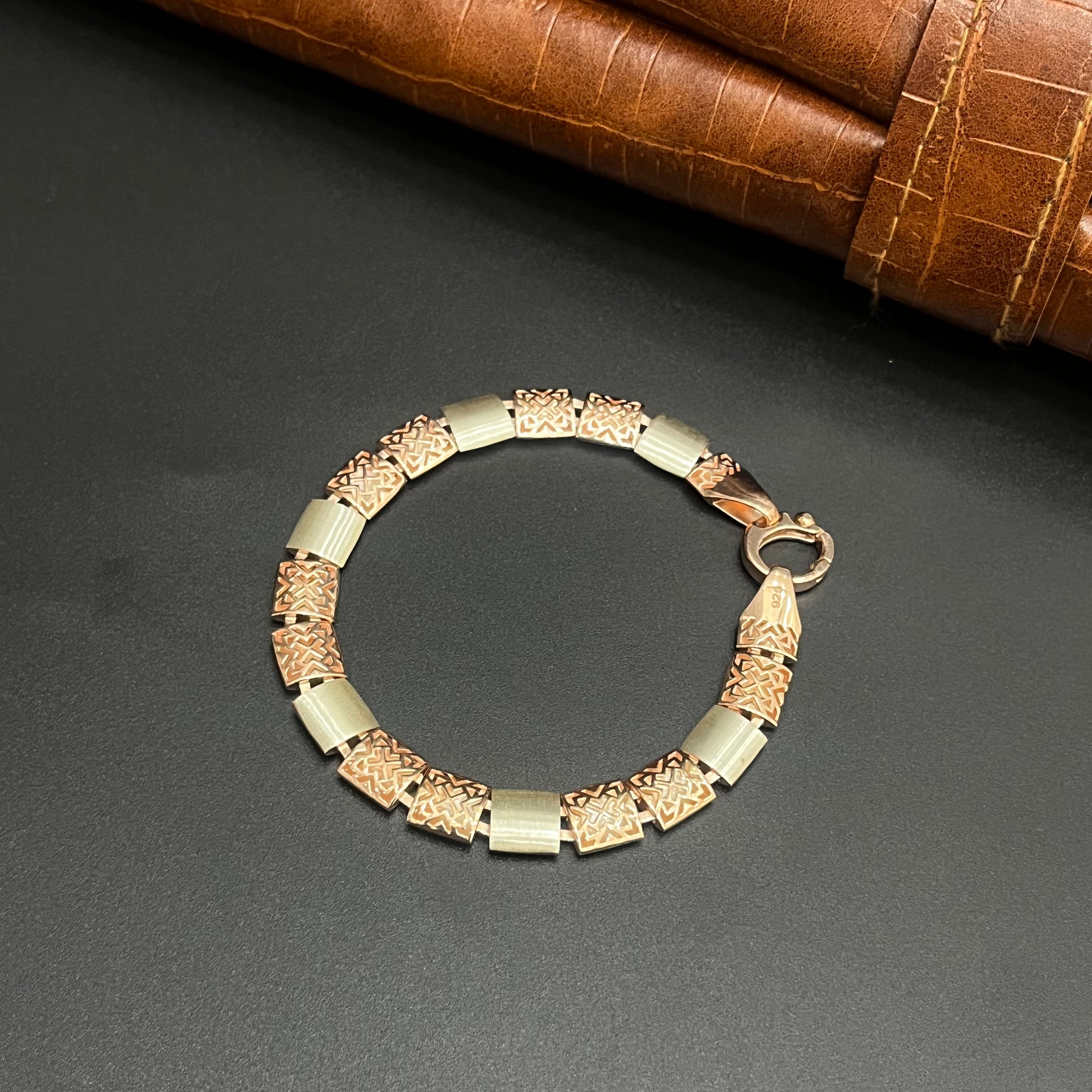 Silver Mens Bracelet Floral Pattern Luxe Rose Gold 925