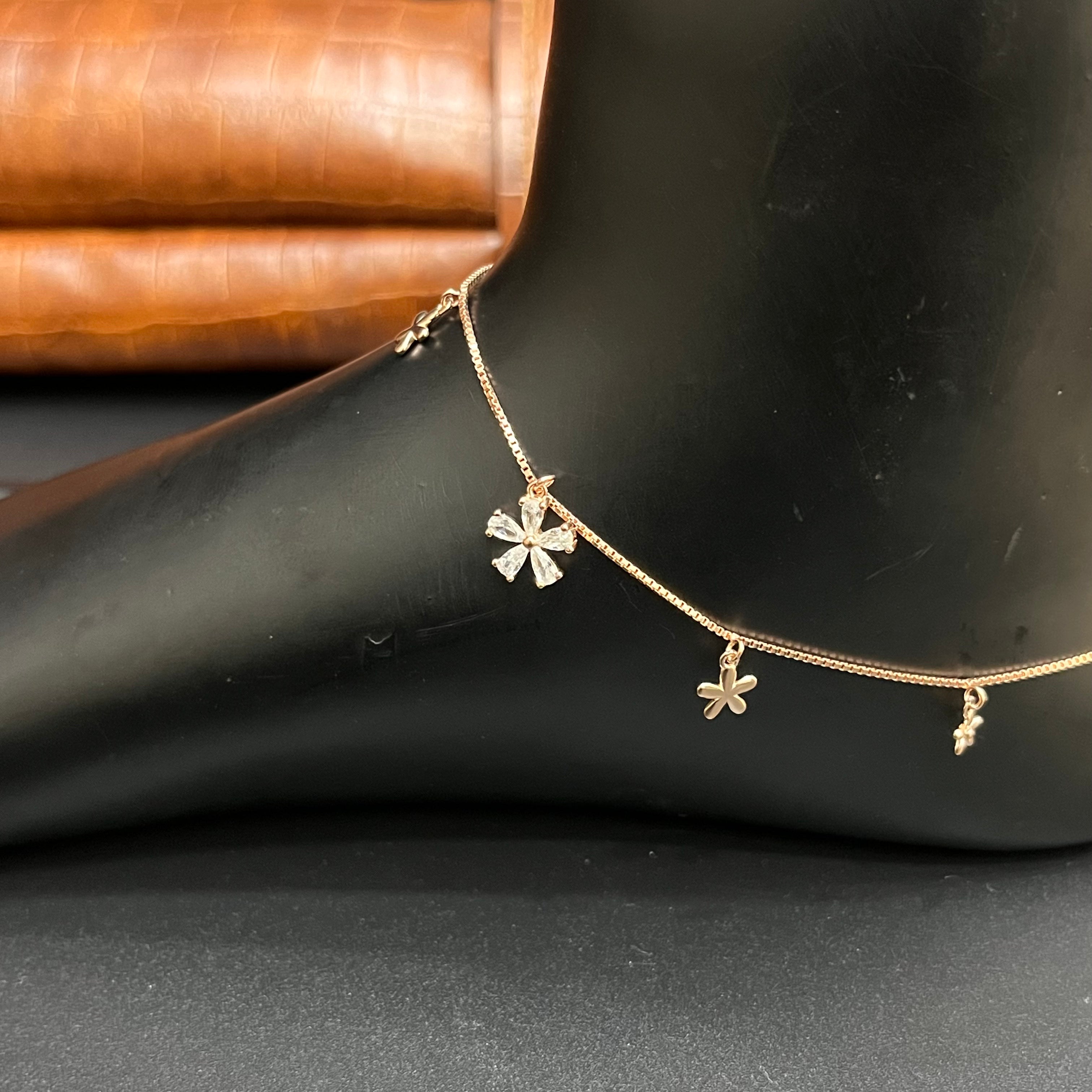 Silver Ladies Anklet Petal Leaf And Drop Rose Gold 925
