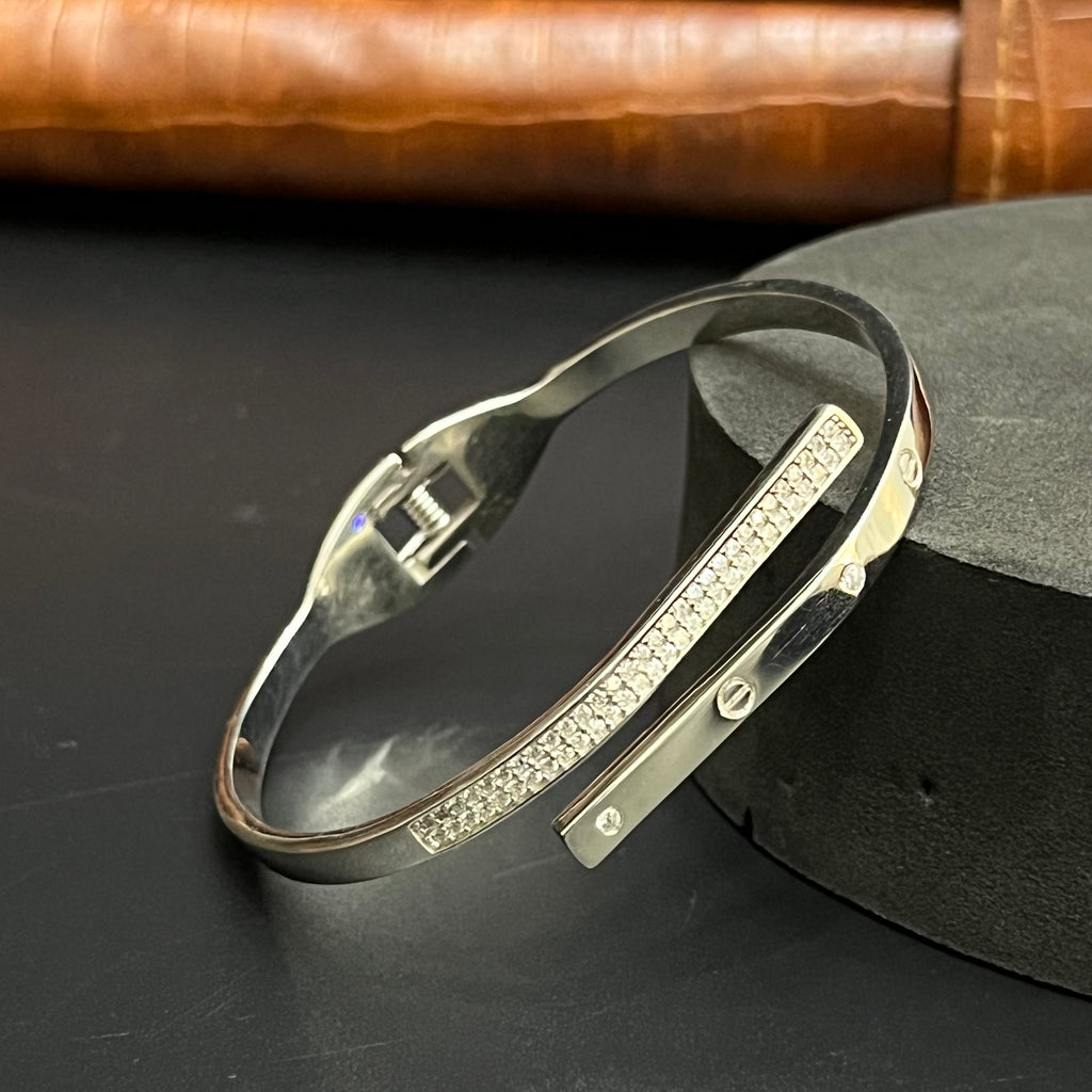 Silver Unisex Kada Elite Edges With Stone Adjustable 925