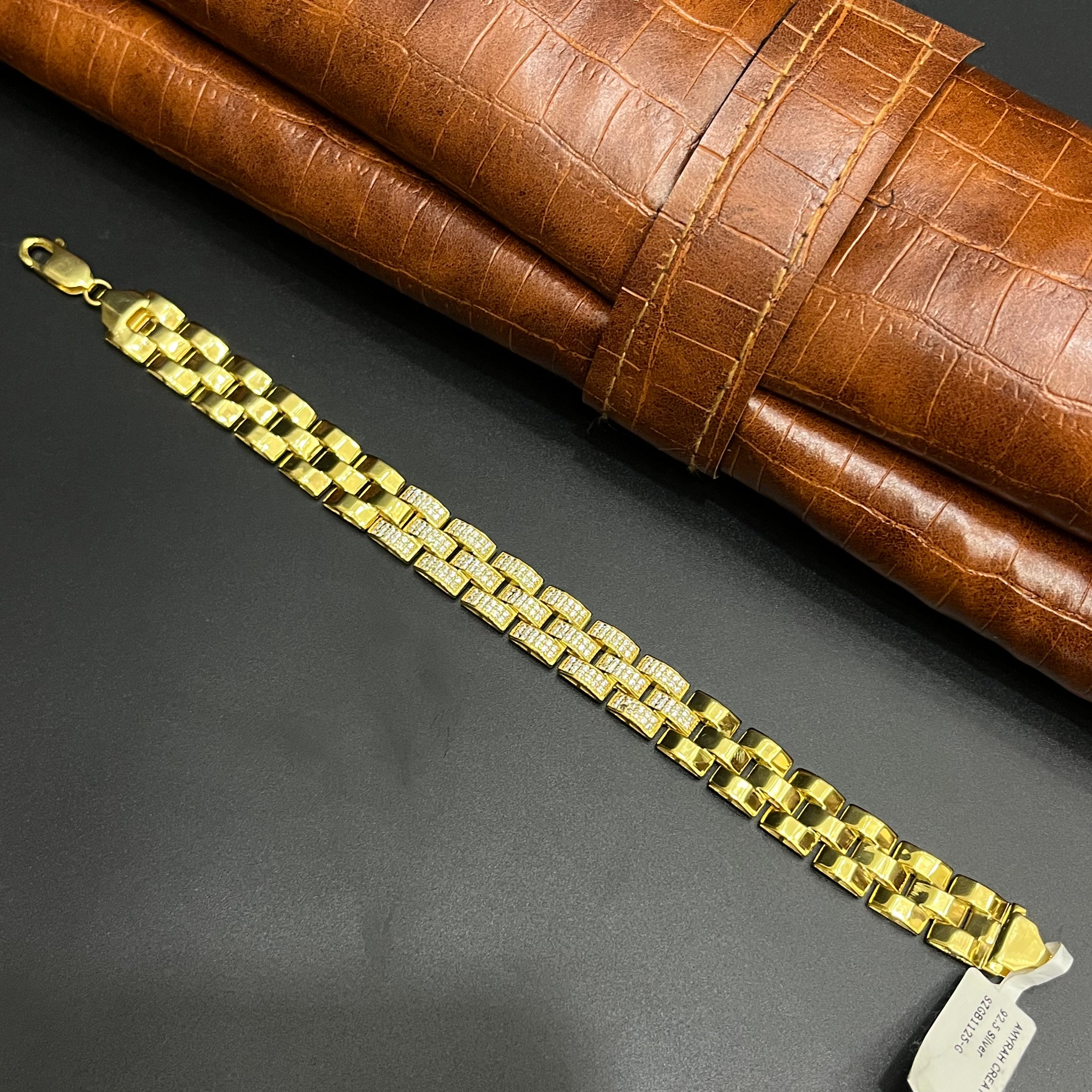 Silver Mens Bracelet Royal Iced Row Link Crystal Gold Finish 925