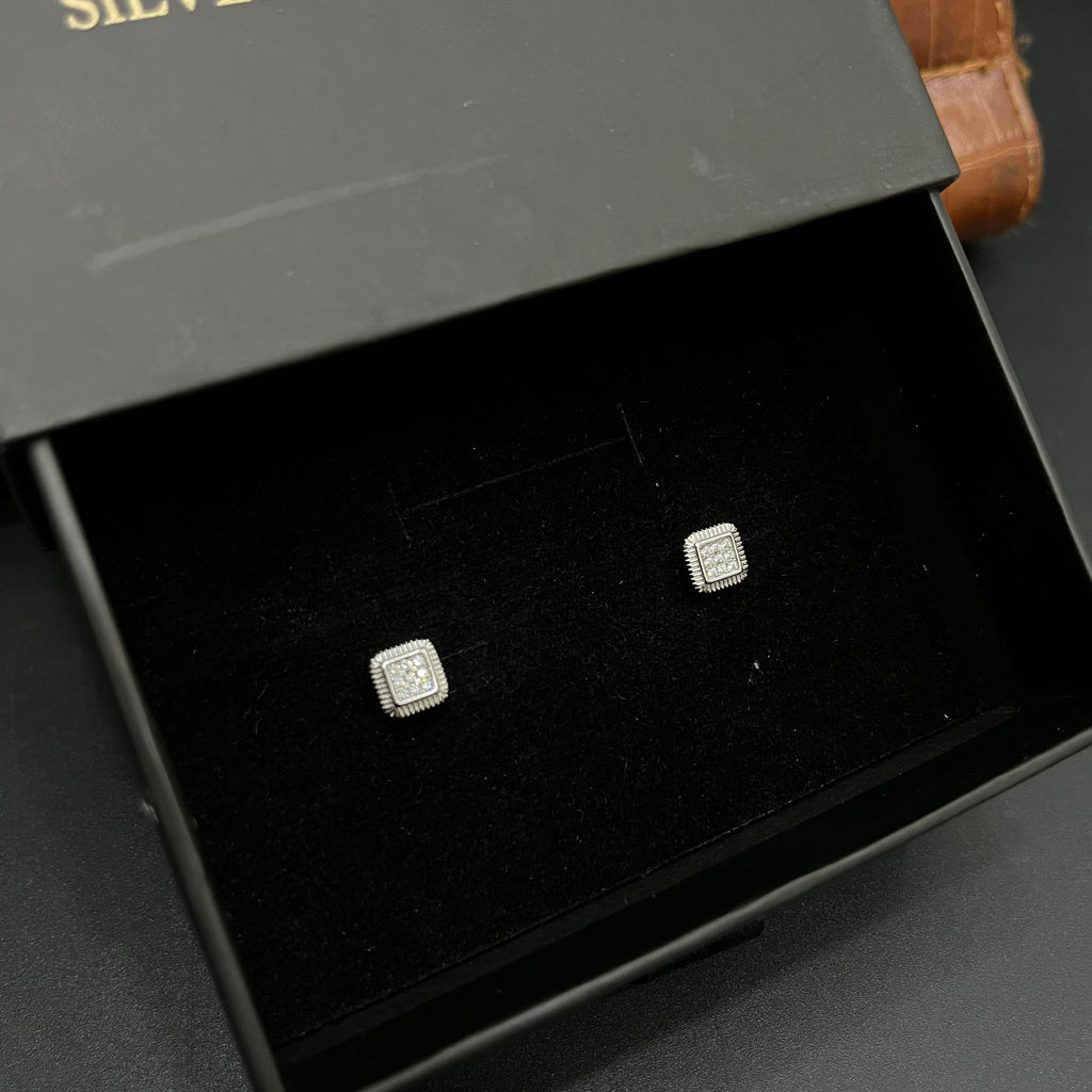 Silver Mens Stud Pearl Edge Square Sparkle 925