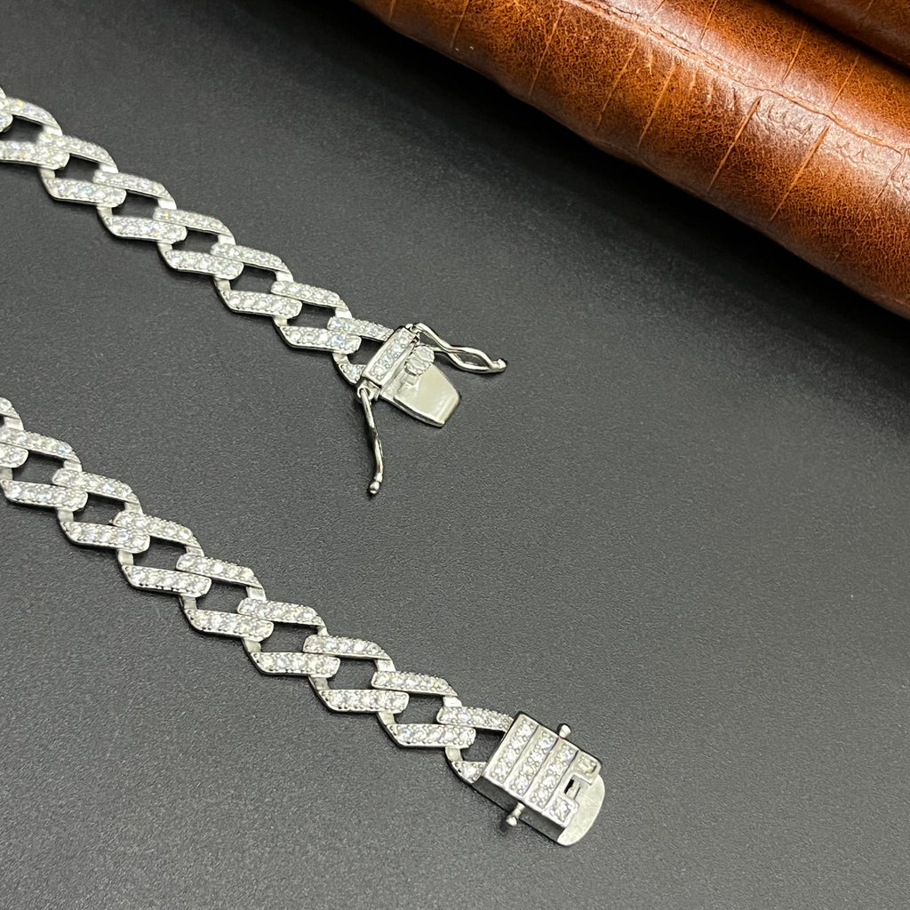 Silver Mens Chain Cuban Crystal Stone Premium Finish 925