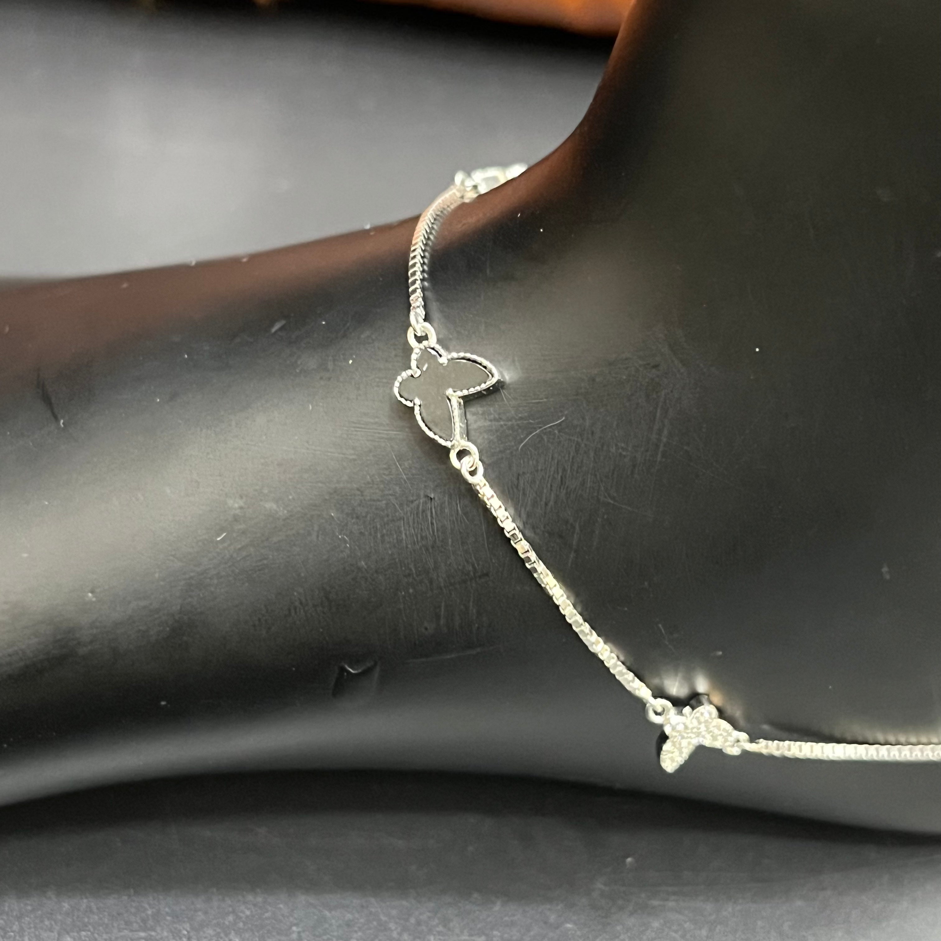 Silver Ladies Anklet Premium Butterfly Black Centerpiece 925