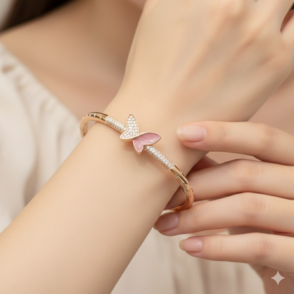 Silver Ladies Kada Butterfly Pink Rosegold